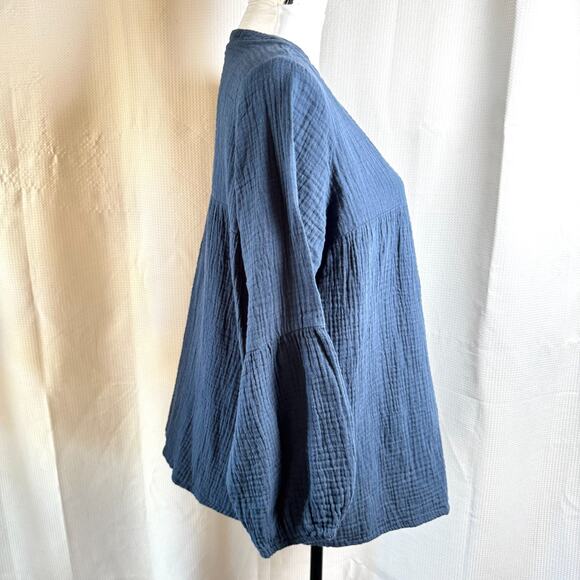 Soft Surroundings Cotton Gauze Peasant Blouse Sz L Blue Boho Tunic Top EUC - Picture 7 of 8